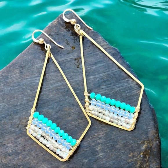 Genuine Labradorite Opalite Geometric Earrings - Picture 1 of 4